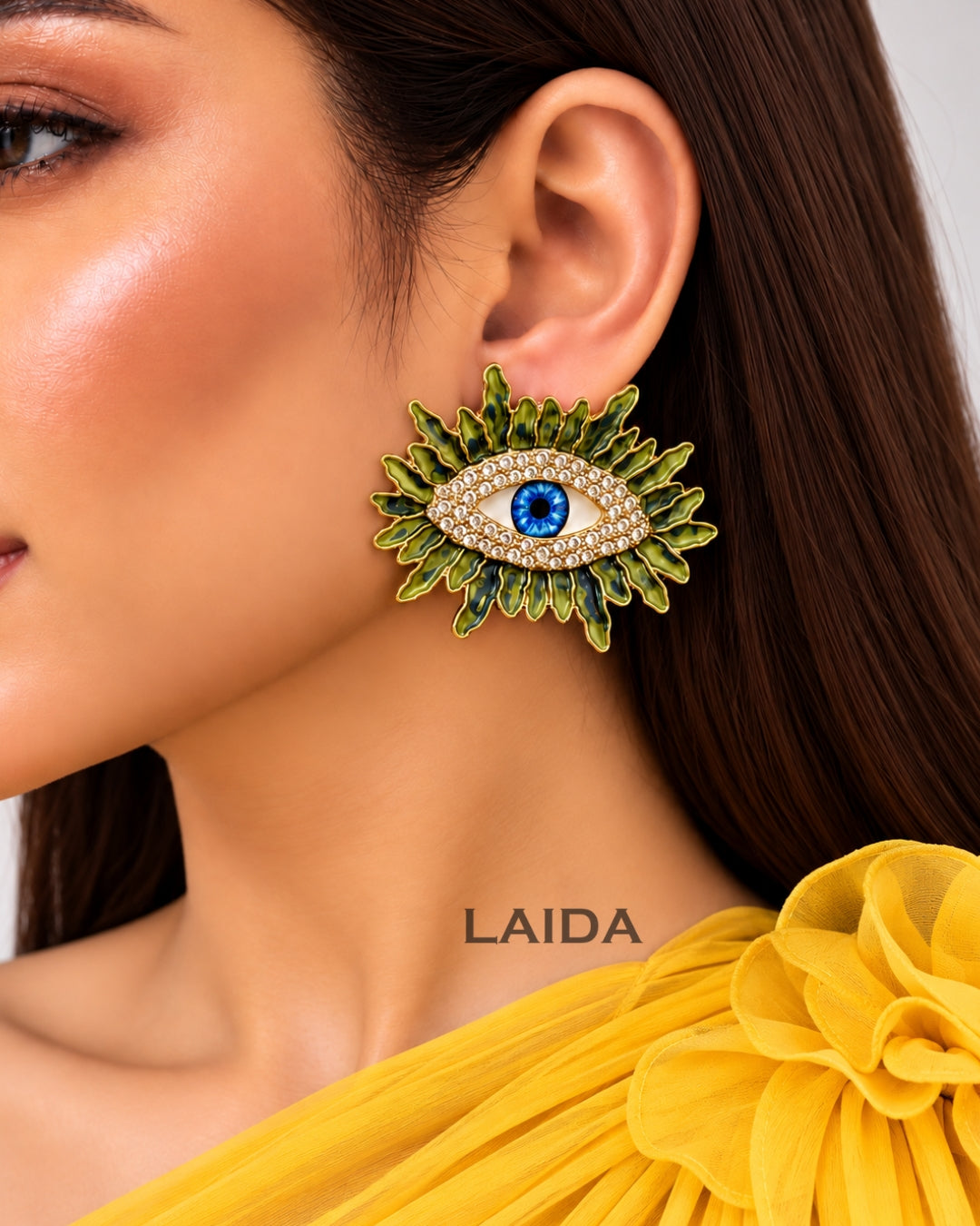 Vintage Olive Green Resin Blue Evil Eye Stud Earrings