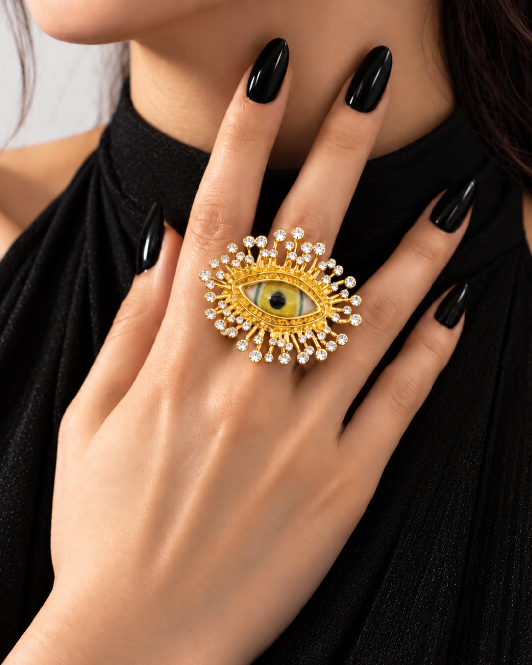 Golden Yellow Evil Eye Crystal Finger Ring