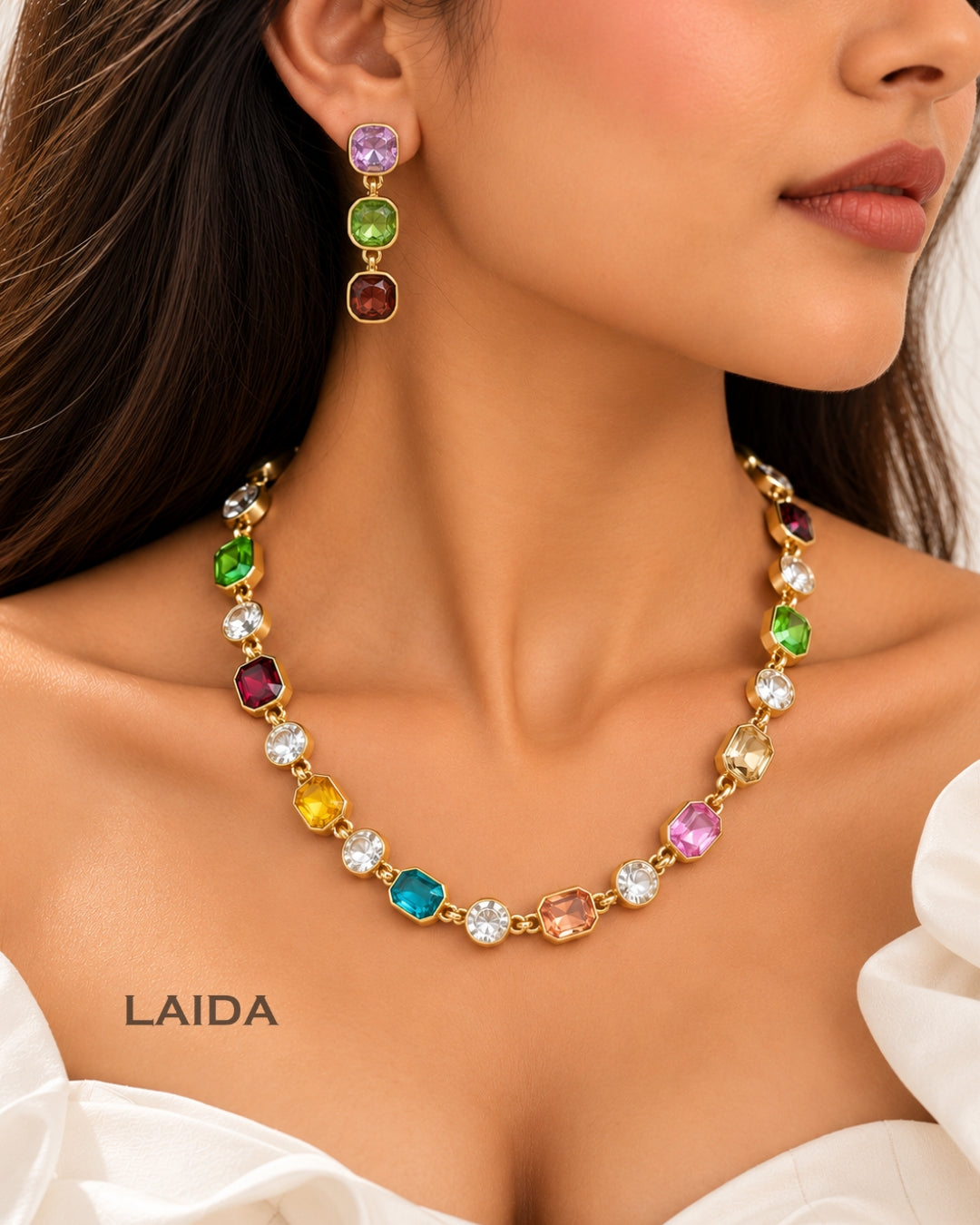 Multicolor Crystal Statement Necklace With Earrings