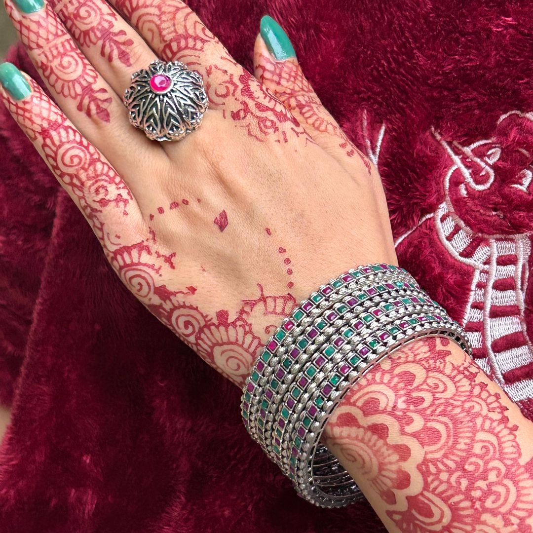 Laida Set Of 4 Oxidized Silver-Plated Pink & Green Stone-Studded Bangles