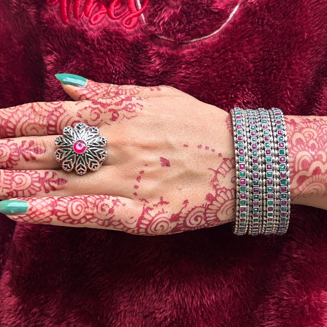 Laida Set Of 4 Oxidized Silver-Plated Pink & Green Stone-Studded Bangles