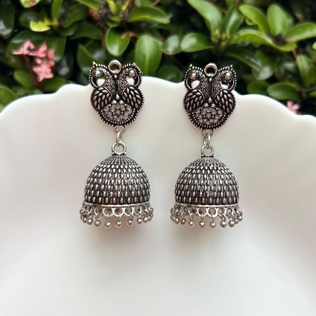 Laida Silver-Plated Oxidised Classic Jhumkas Earrings