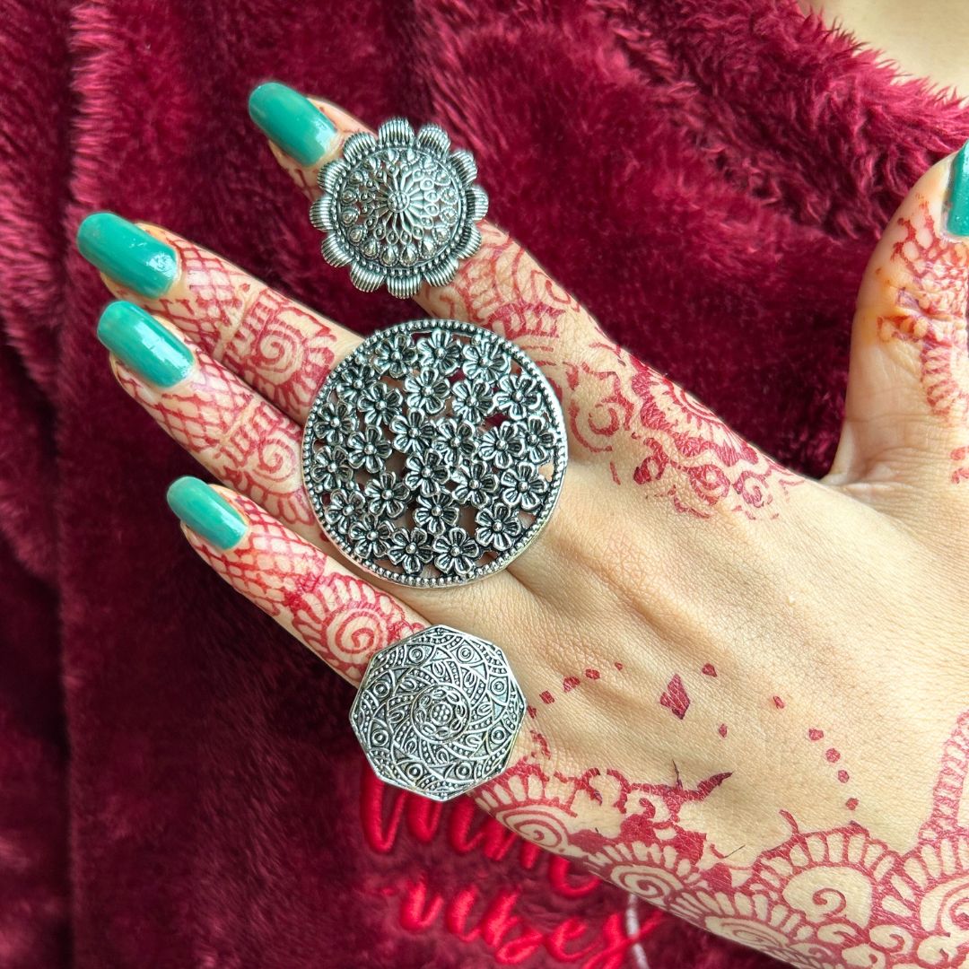 Ring of Flower Silver Oxidized Adjustable Finger Ring - Set of 3