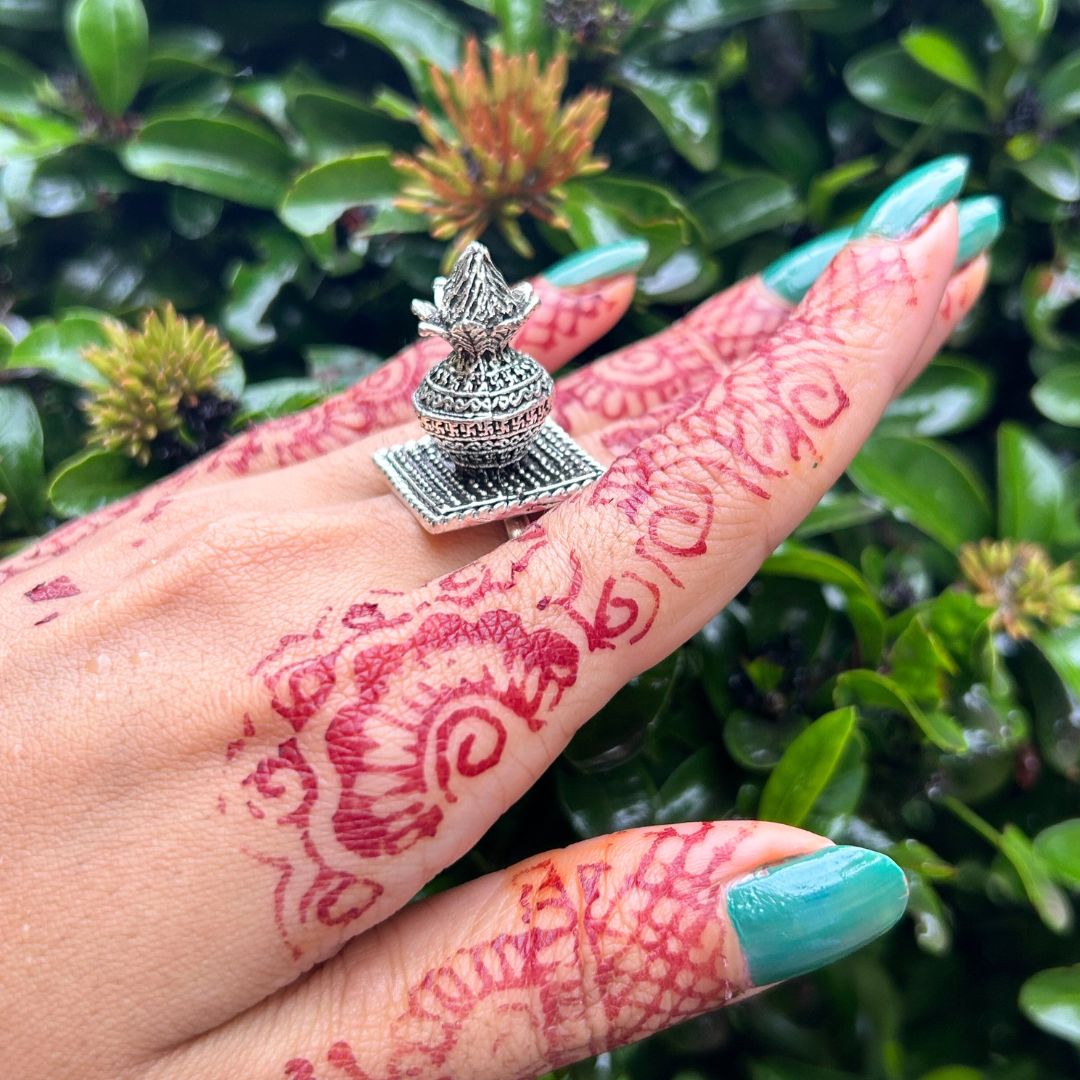 Kalash Silver Oxidised Adjustable Finger Ring