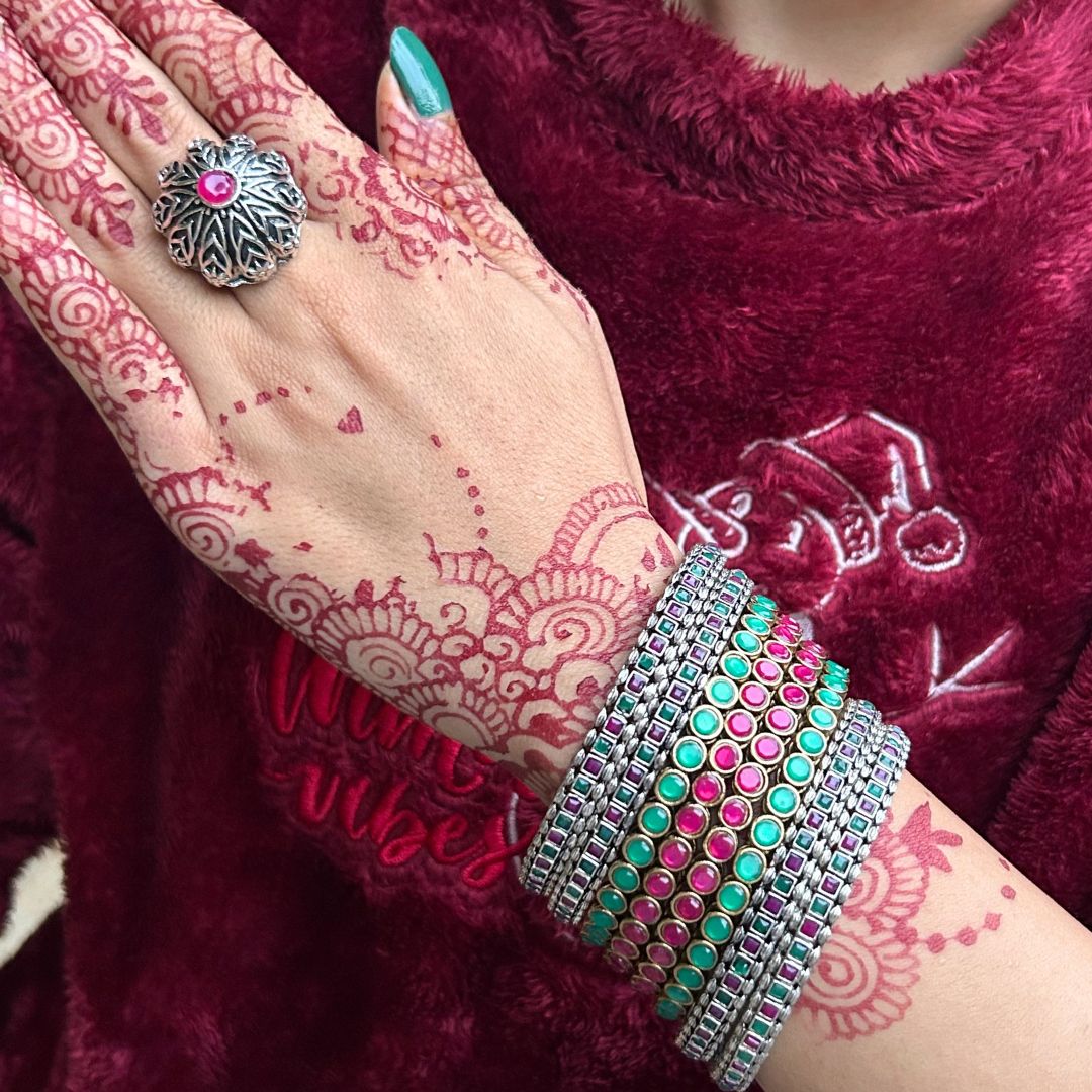 Floral Dome Silver Oxidised Adjustable Finger Ring