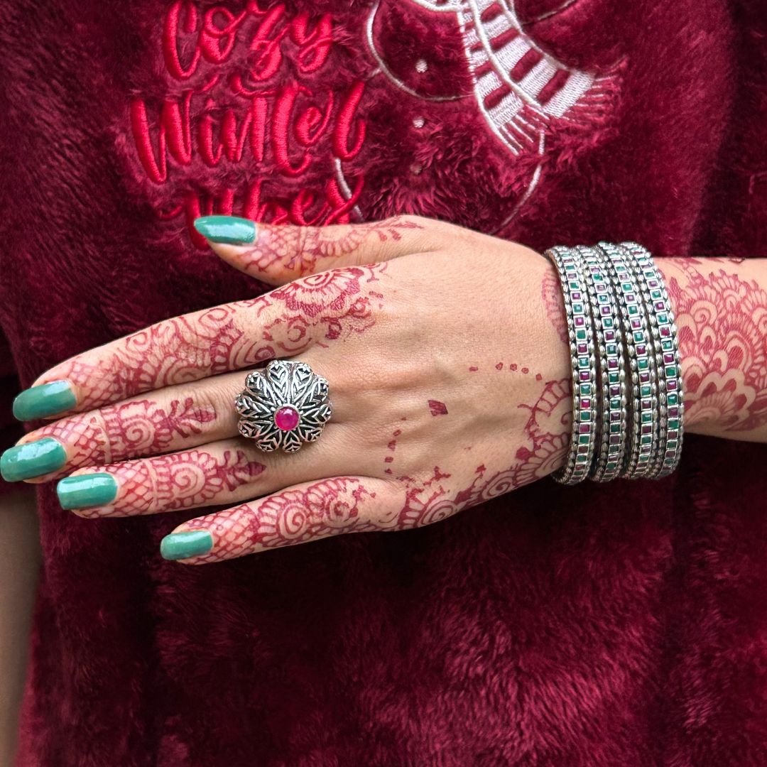 Floral Dome Silver Oxidised Adjustable Finger Ring
