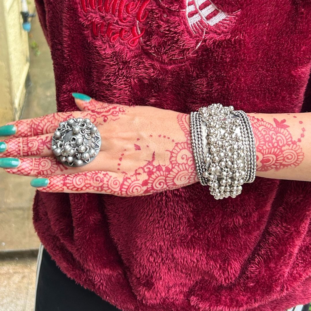 Mayah Ghungroo Silver Oxidised Cuff Bracelet