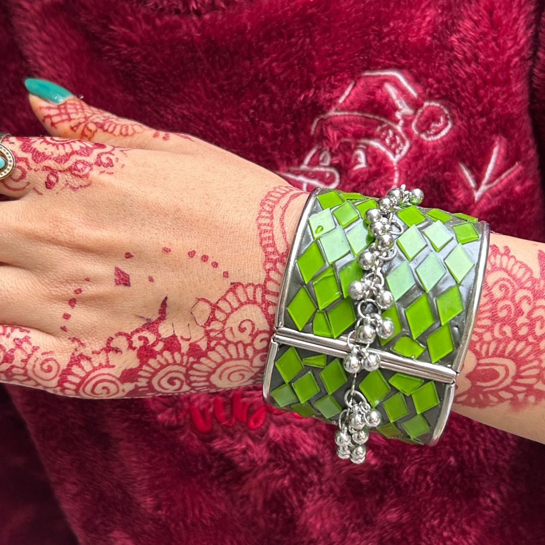 Green Meenakari Silver-Plated Cuff Bracelet