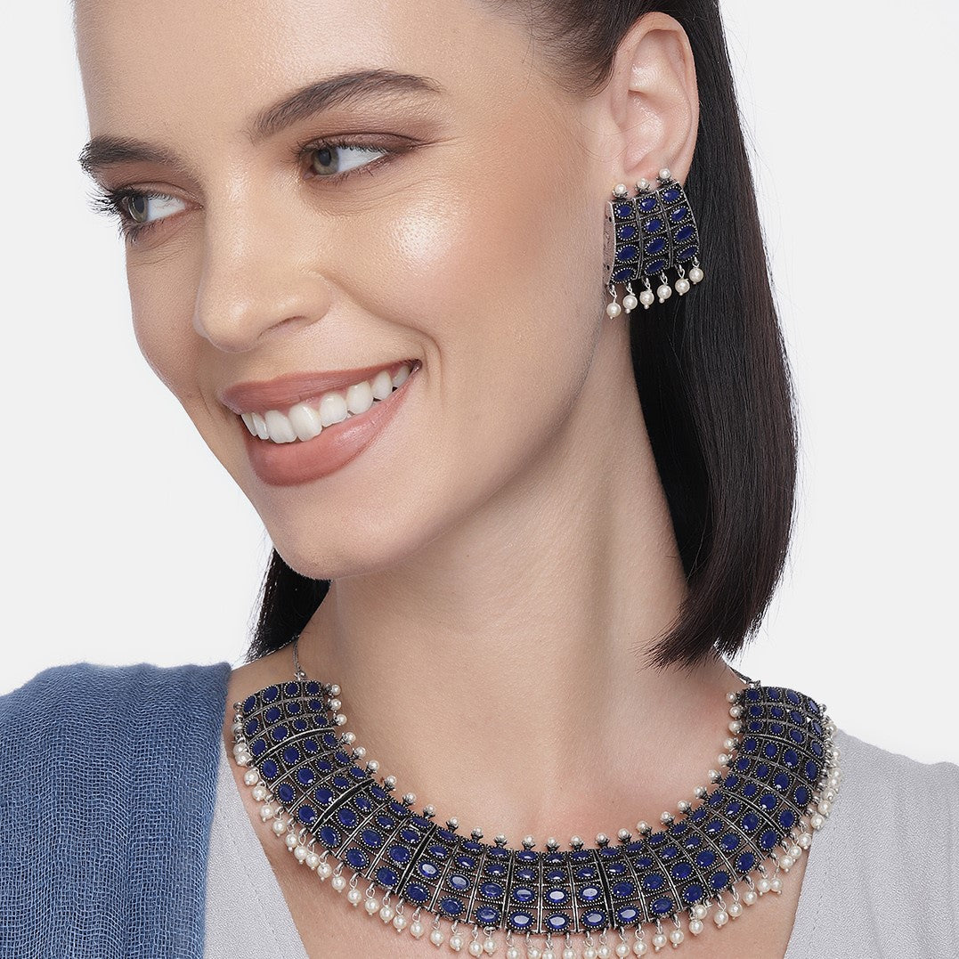 Laida Blue Silver Plated BlueStone-Studded Jewellery Set