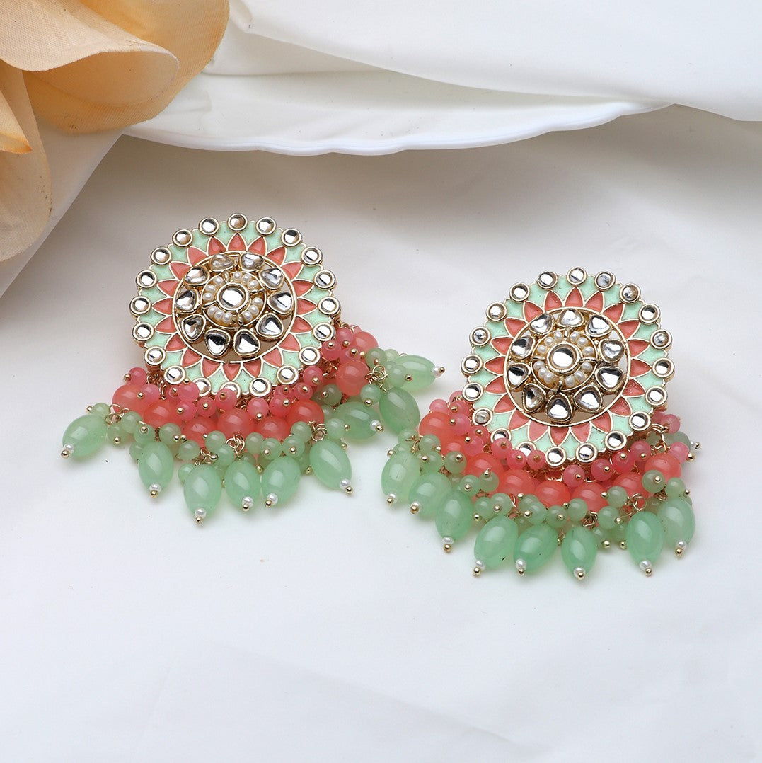 Peach-Coloured & Sea Green Circular Drop Earrings