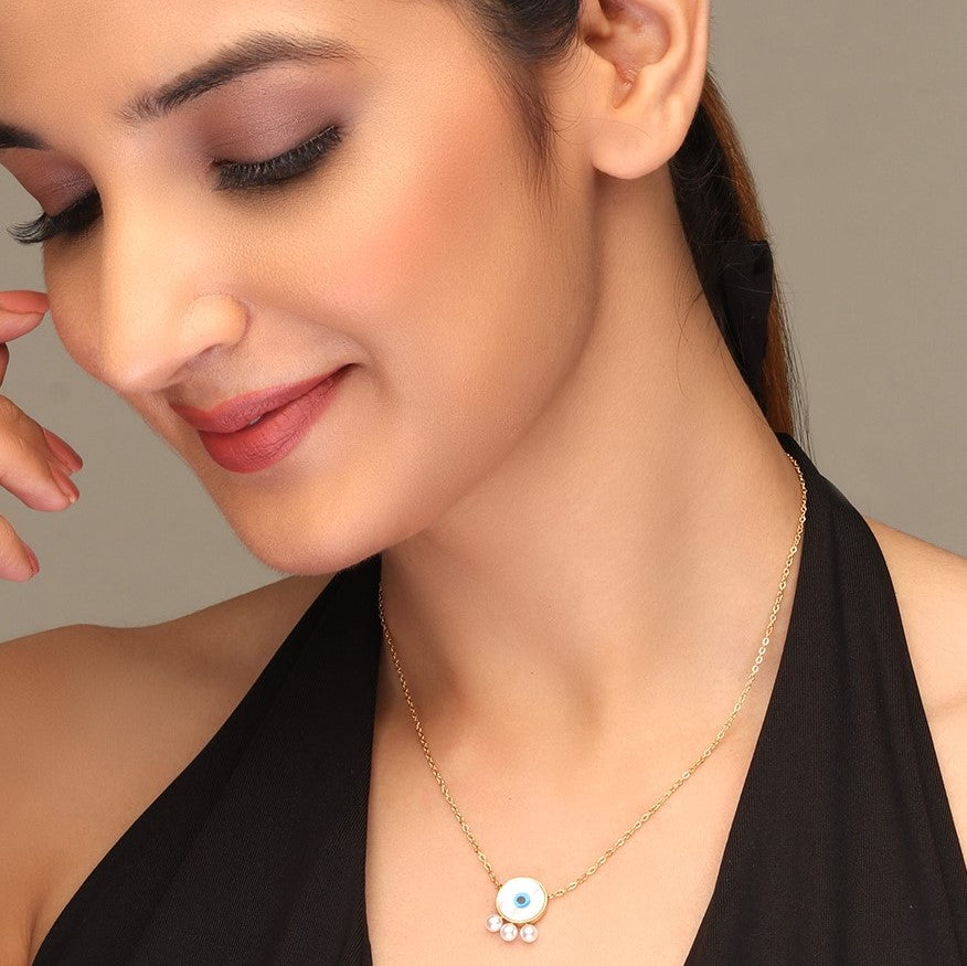 Gold Plated White Evil Eye Pendant With Pearls