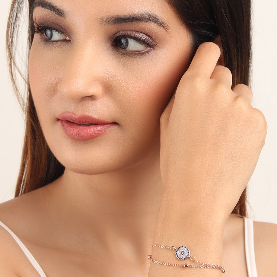 Safe Charm Blue Evil Eye Rose Gold - Adjustable Bracelet
