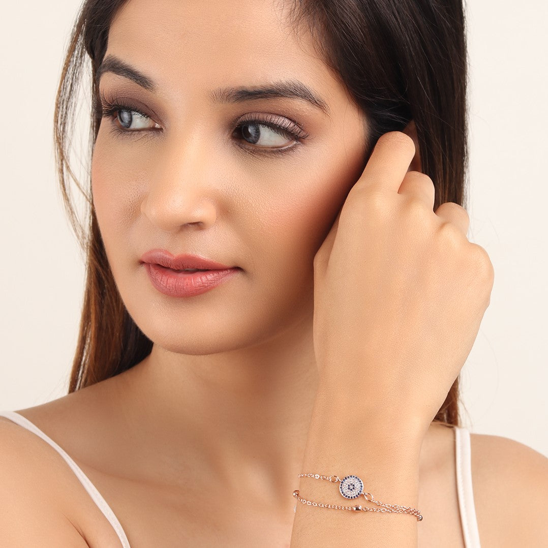 Safe Charm Blue Evil Eye Rose Gold - Adjustable Bracelet