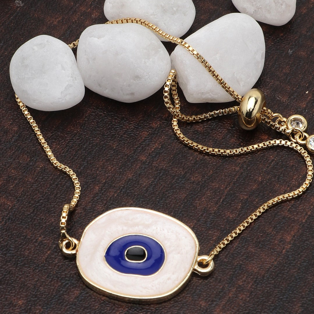 Round White Evil Eye Gold Plated - Adjustable Bracelet