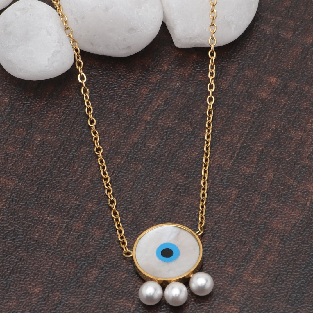 Gold Plated White Evil Eye Pendant With Pearls