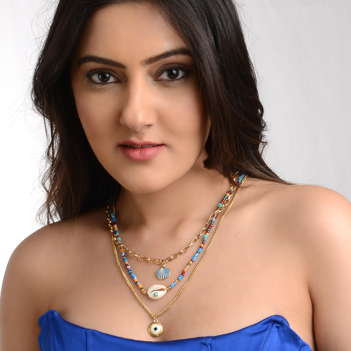 Multi Layer Blue Evil Eye Shell Long Chain