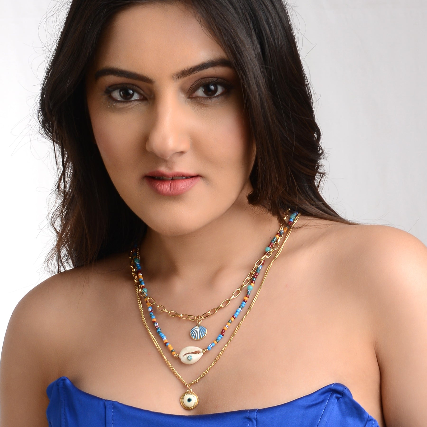 Multi Layer Blue Evil Eye Shell Long Chain