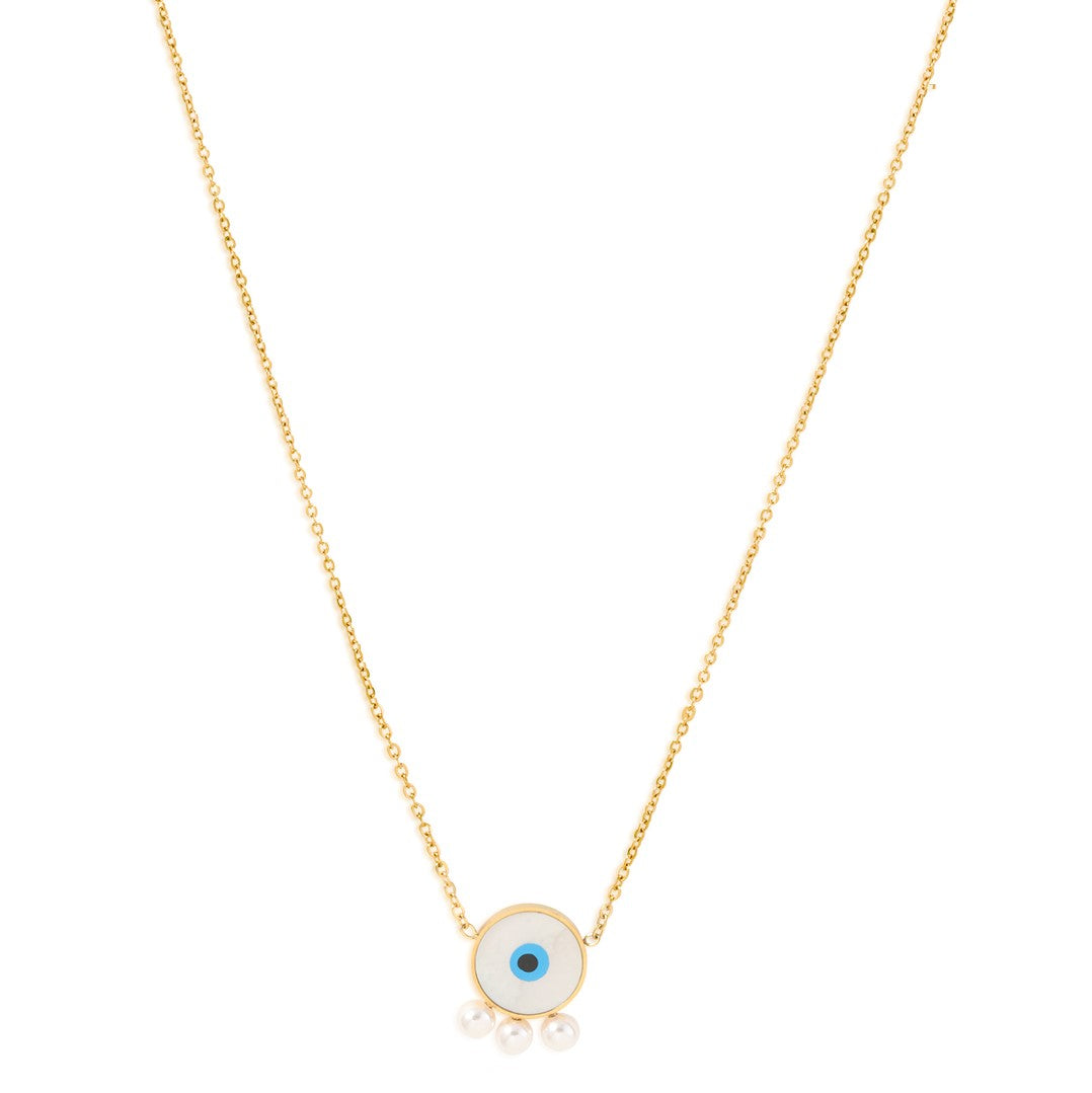 Gold Plated White Evil Eye Pendant With Pearls