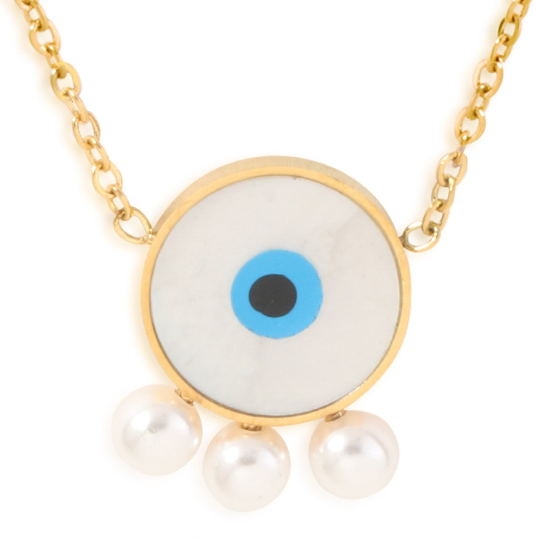 Gold Plated White Evil Eye Pendant With Pearls