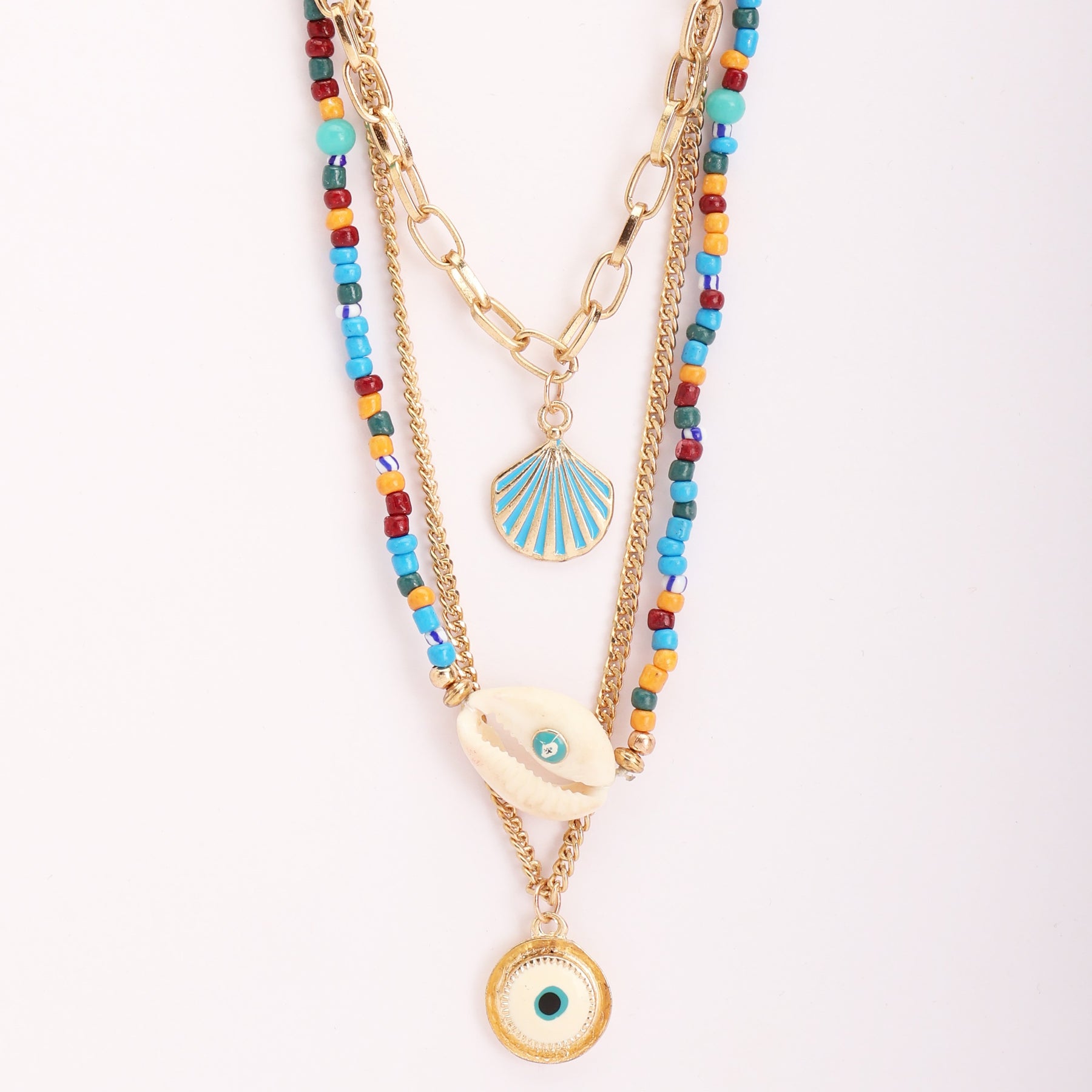 Multi Layer Blue Evil Eye Shell Long Chain
