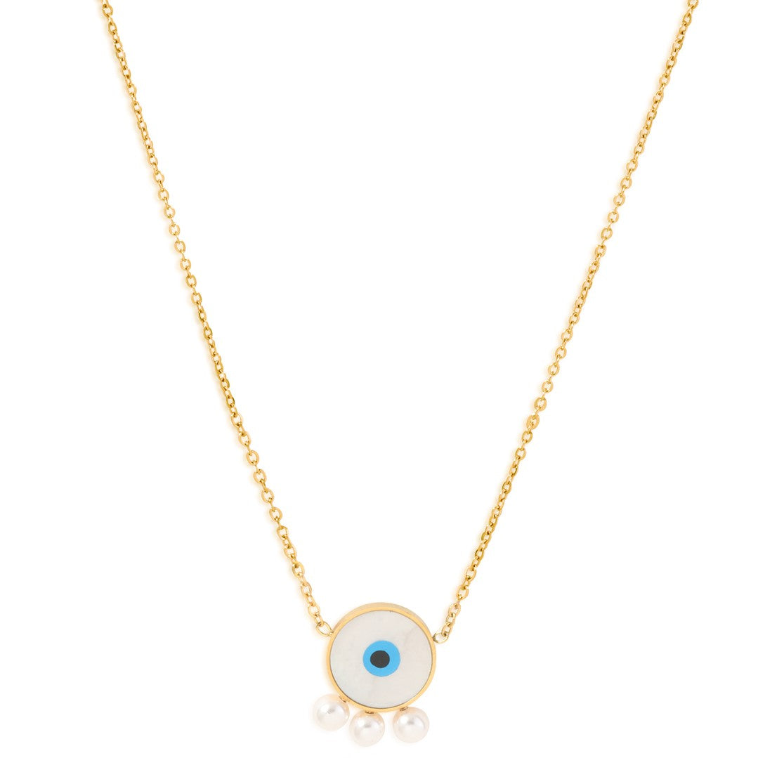 Gold Plated White Evil Eye Pendant With Pearls