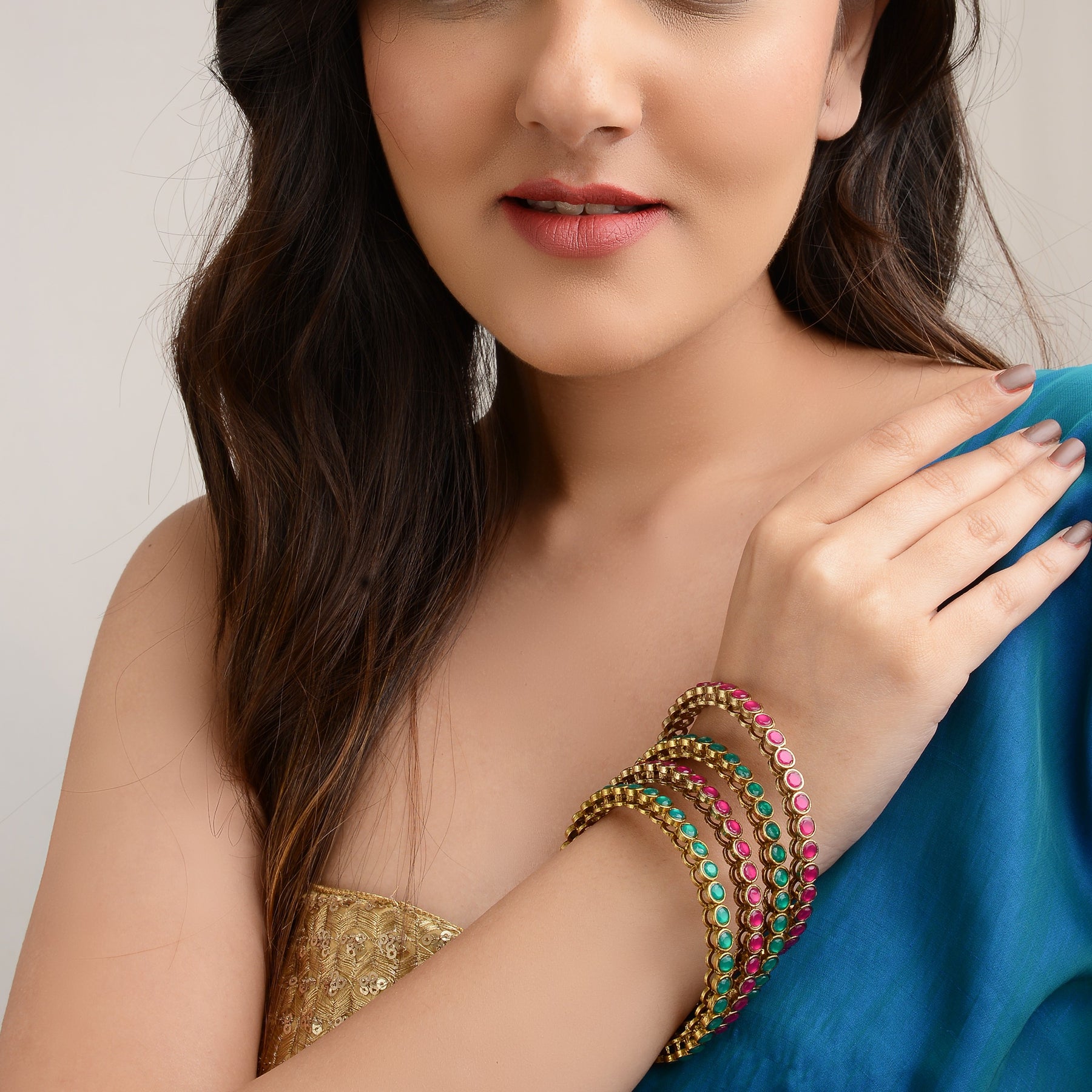 Laida Set Of 4 Gold-Plated Red & Green Stone-Studded Bangles