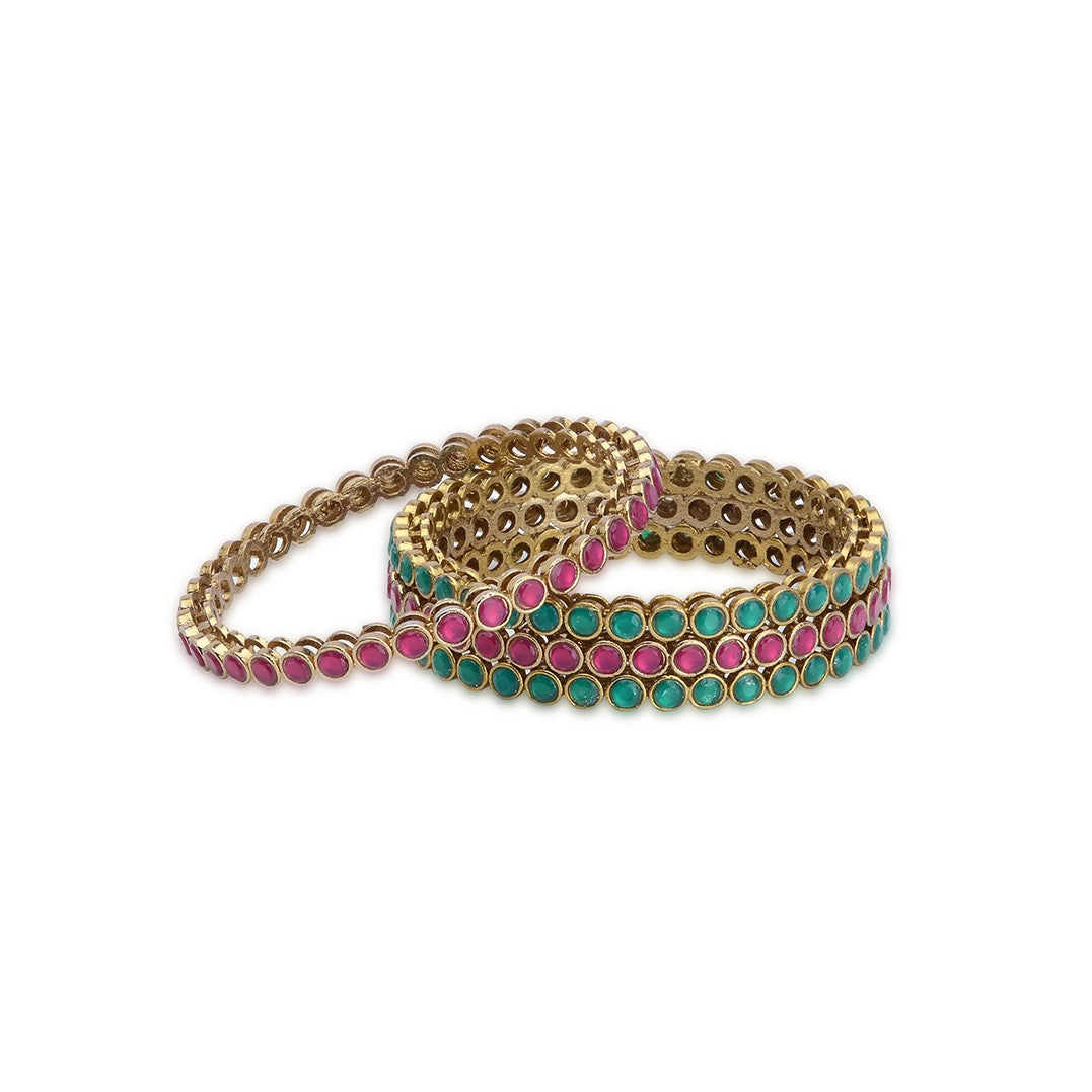 Laida Set Of 4 Gold-Plated Red & Green Stone-Studded Bangles