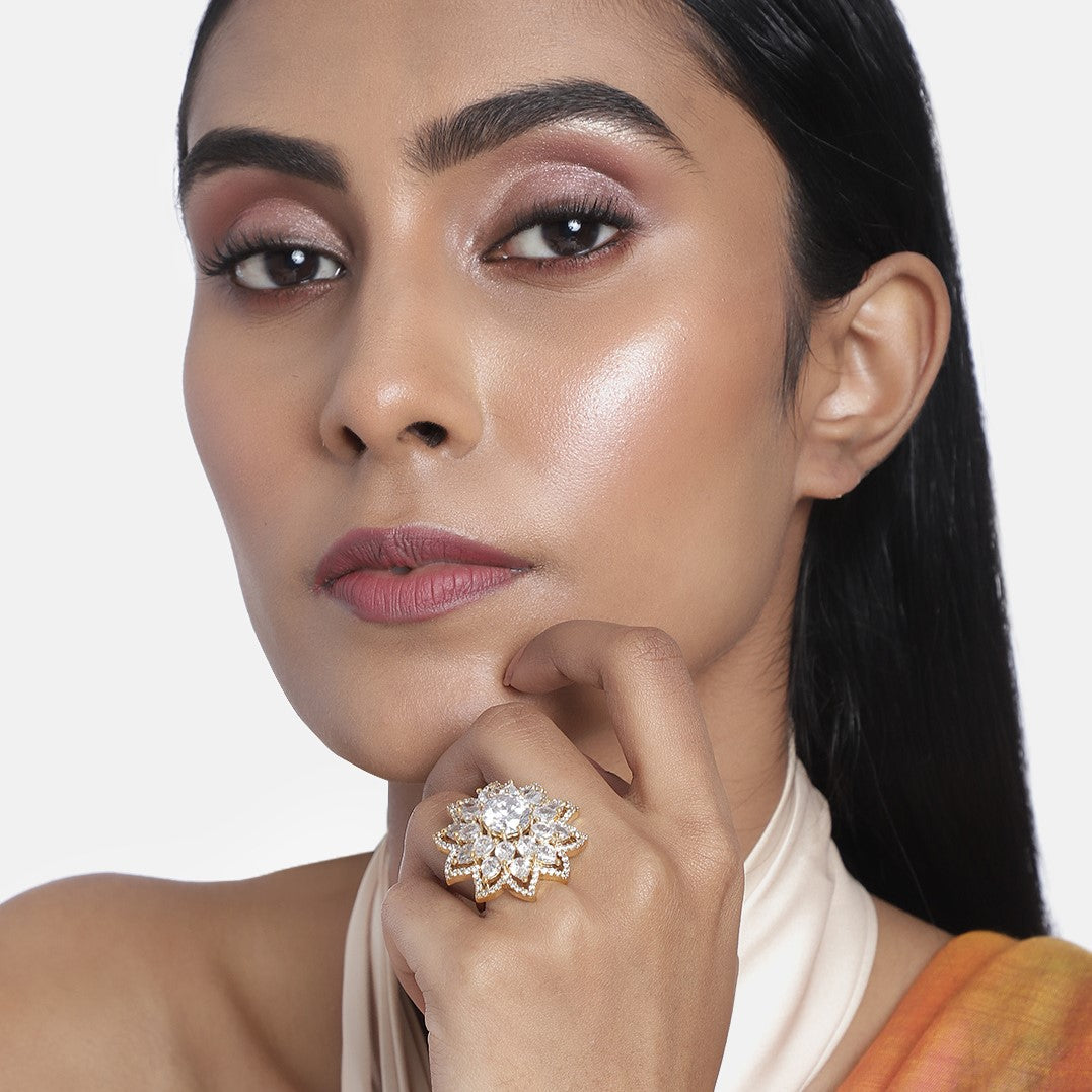 Laida Gold-Plated Handcrafted American Diamond Studded Floral Finger- Ring