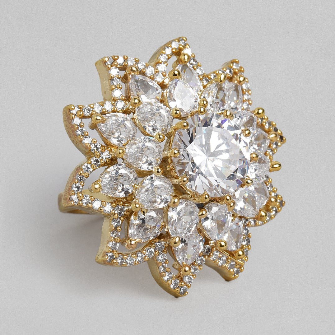 Laida Gold-Plated Handcrafted American Diamond Studded Floral Finger- Ring