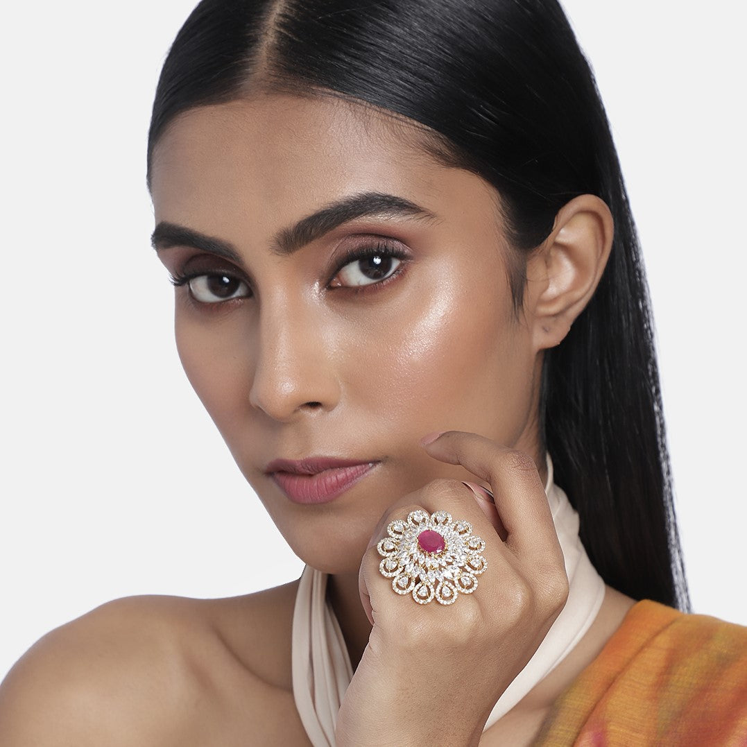 Ruby Handcrafted American Diamond Studded Floral Ring