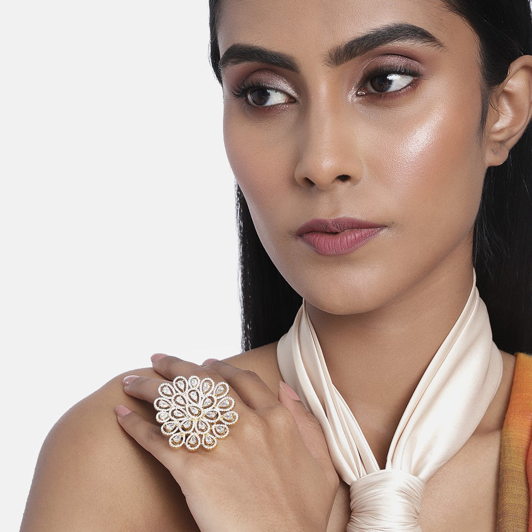 Laida Gold-Plated Handcrafted American Diamond Studded Floral Finger- Ring