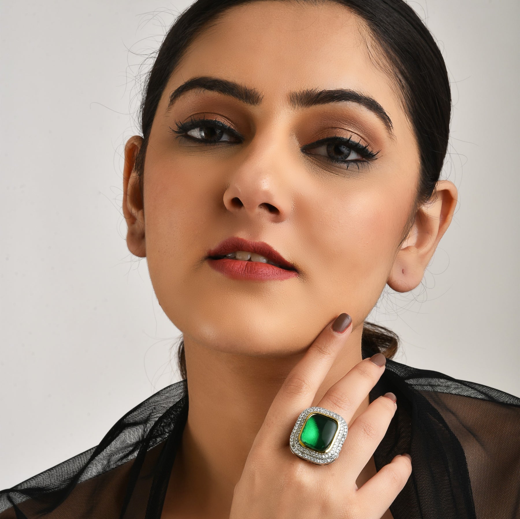 American Diamond Kundan Emerald Ring