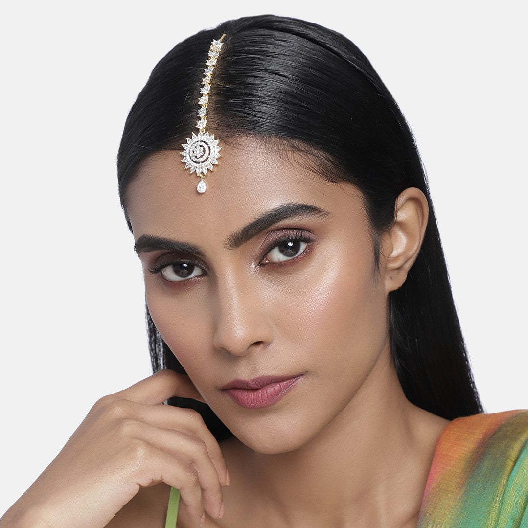 Laida Gold-Plated Handcrafted American Diamond Studded Maang Tikka