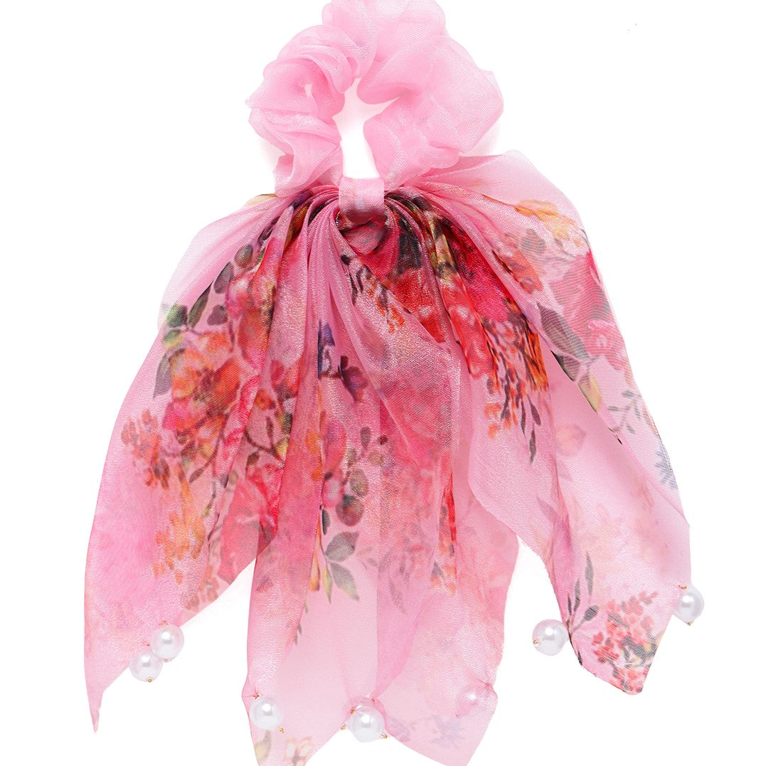 Baby Pink Pearl Scarf Ponytail Holder