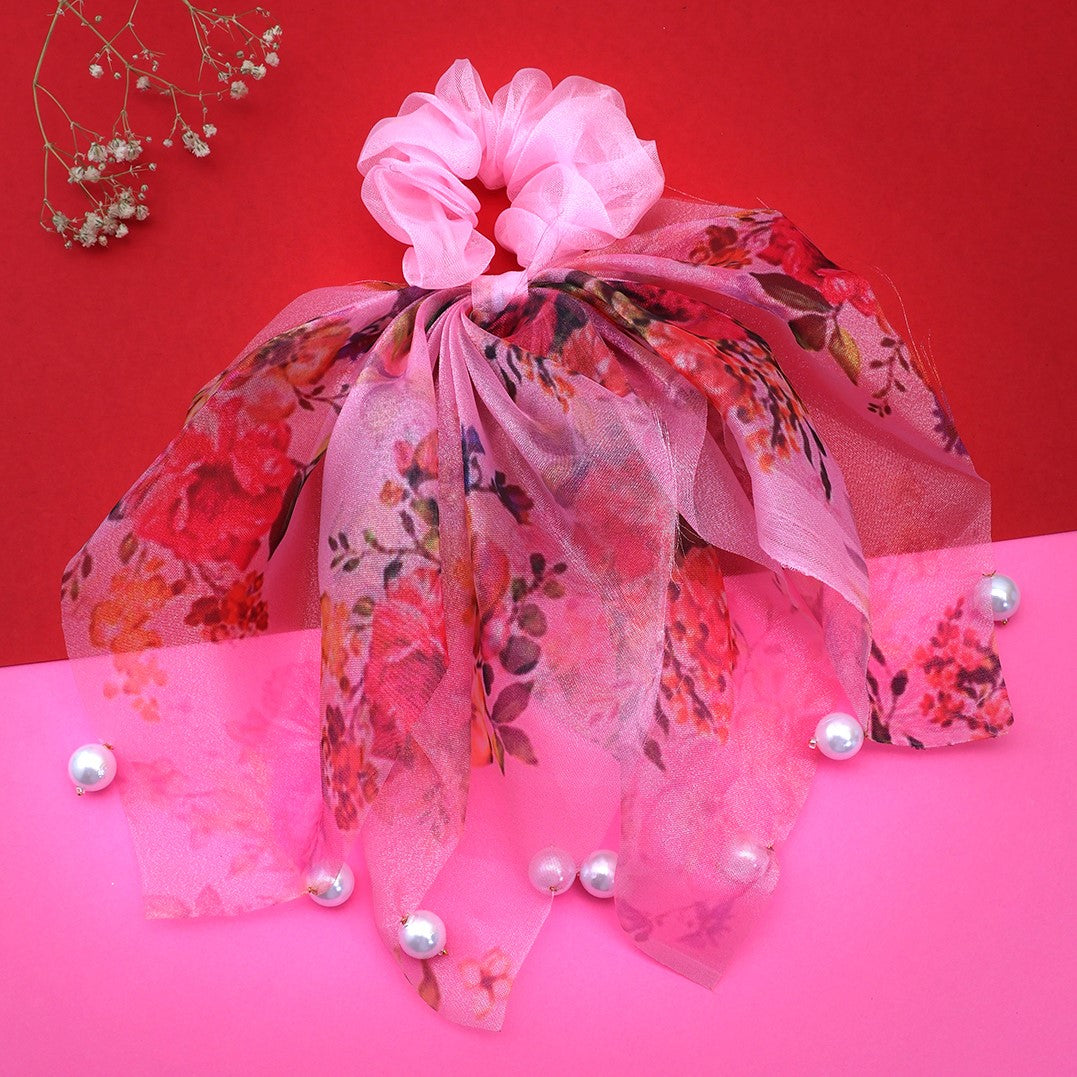 Baby Pink Pearl Scarf Ponytail Holder