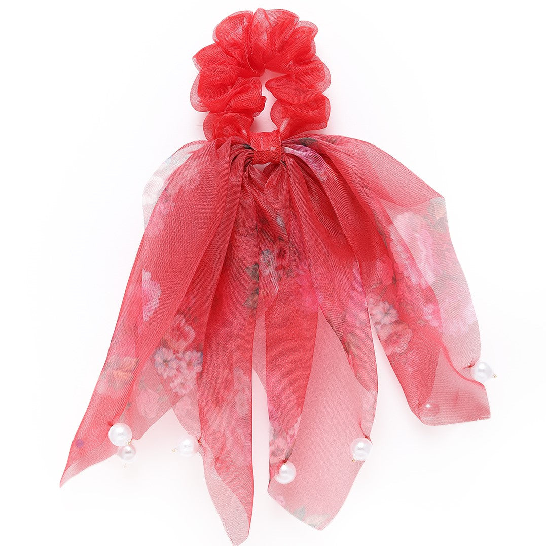 Rose Red Pearl Scarf Ponytail Holder