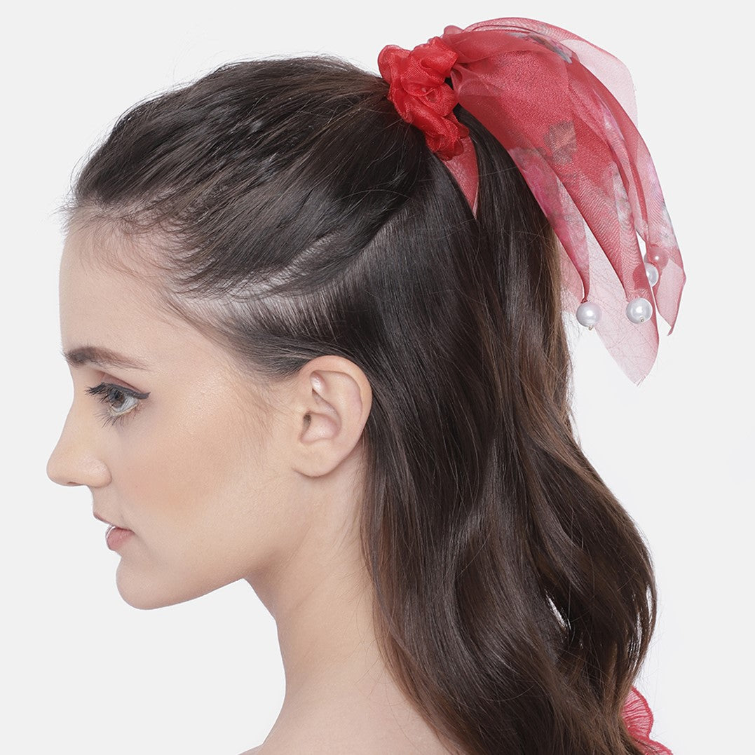 Rose Red Pearl Scarf Ponytail Holder