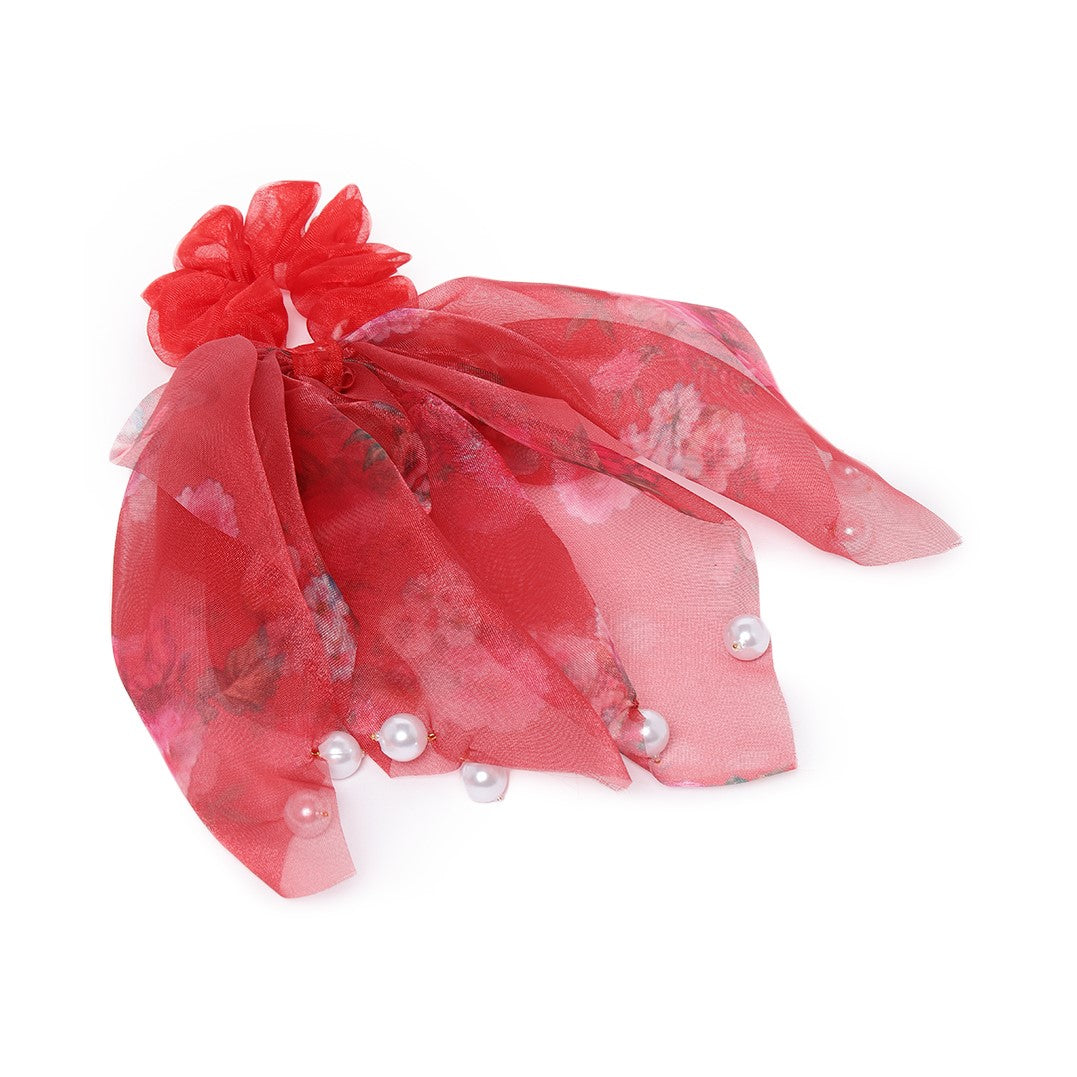Rose Red Pearl Scarf Ponytail Holder