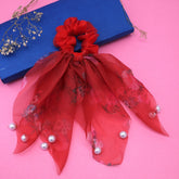 Rose Red Pearl Scarf Ponytail Holder
