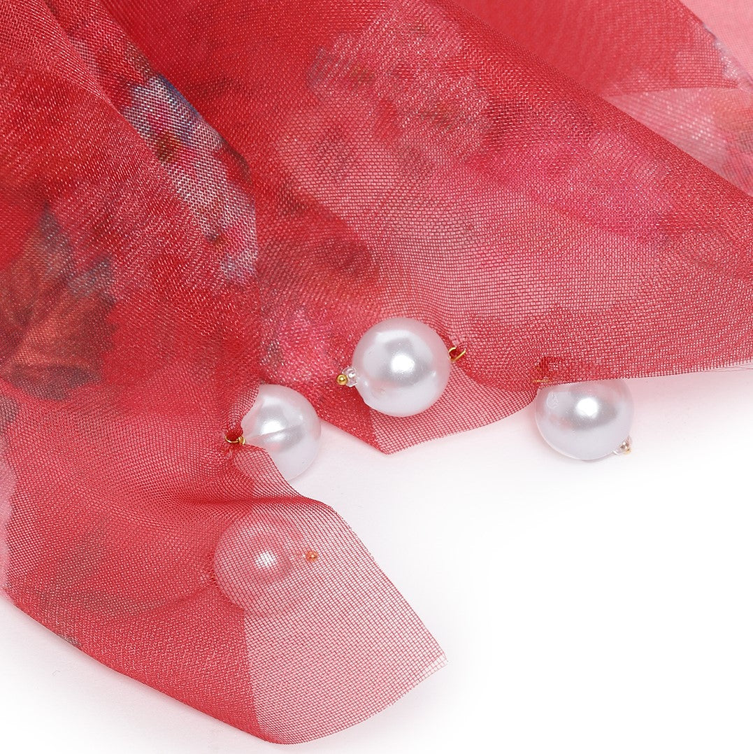 Rose Red Pearl Scarf Ponytail Holder