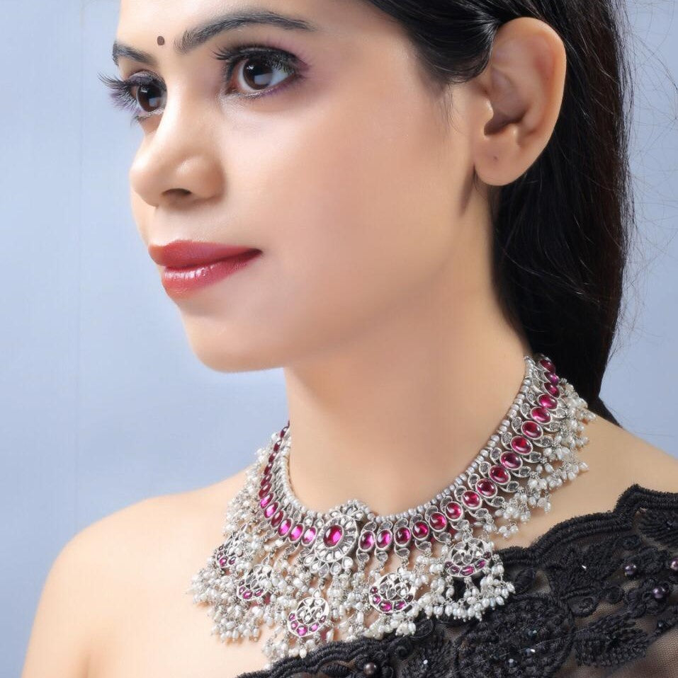 Laida 92.5 Sterling Silver Unique design Guttapusalu Silver Necklace and earring (Set of 2)