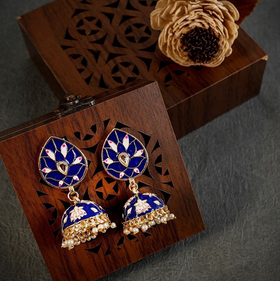 Navy Blue & Gold-Plated Enameled Meenakari Dome Shaped Jhumkas