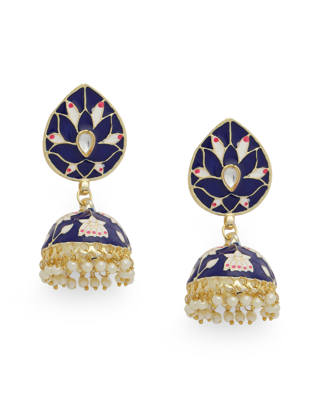 Navy Blue & Gold-Plated Enameled Meenakari Dome Shaped Jhumkas