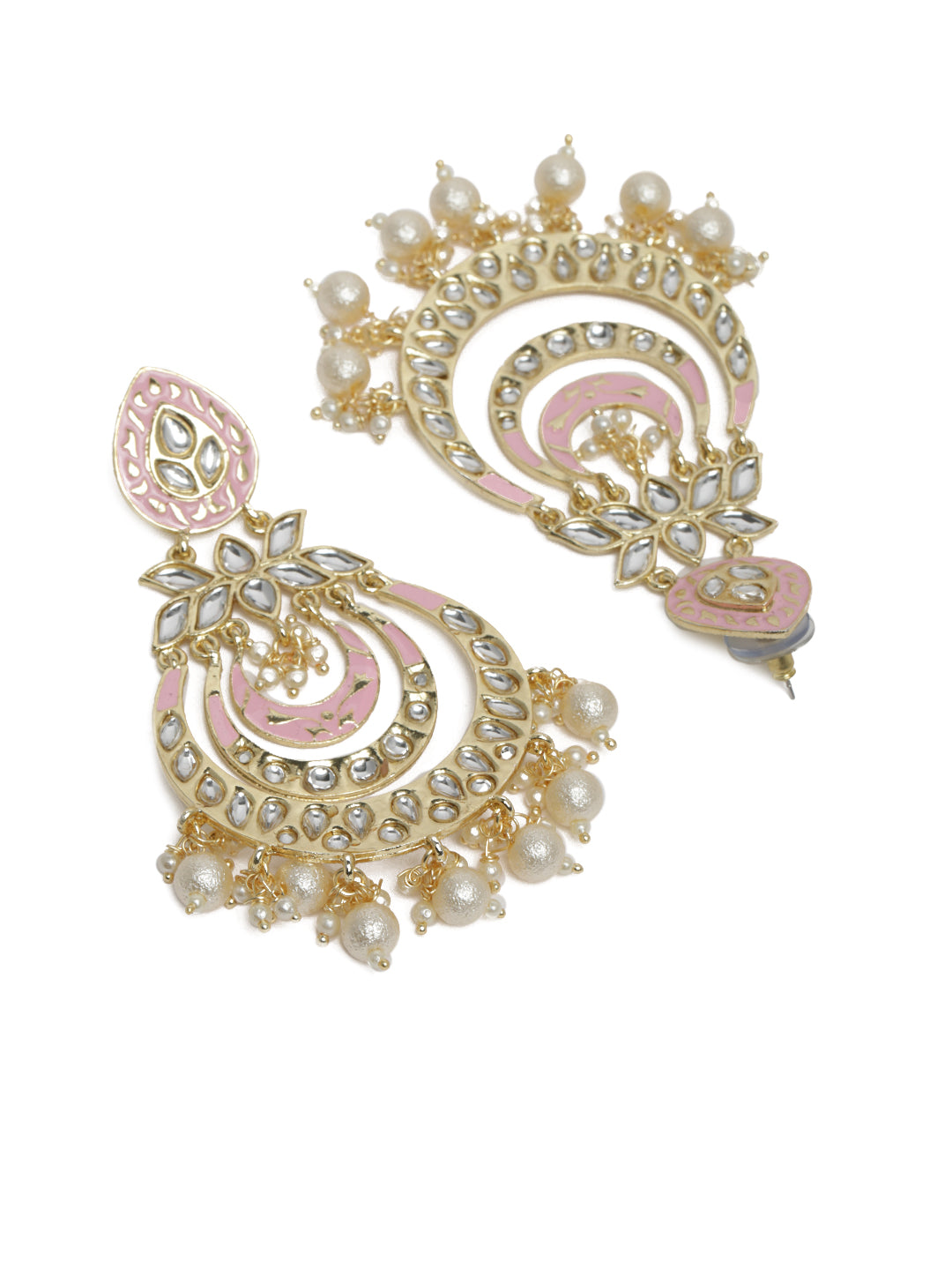 Pink & Gold-Plated Kundan Embellished Crescent Shaped Chandbalis