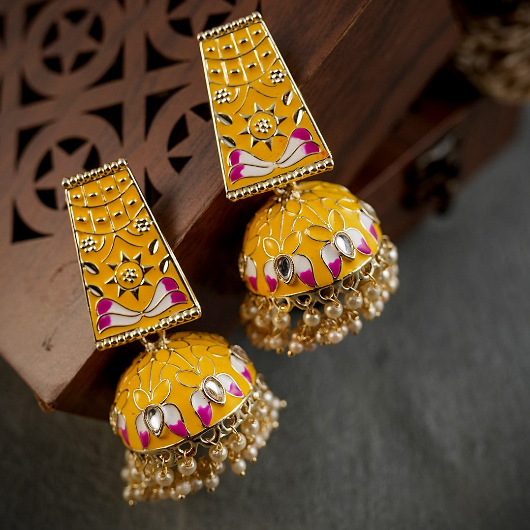 Laida Yellow Gold-Plated Enamelled Dome Shaped Jhumkas