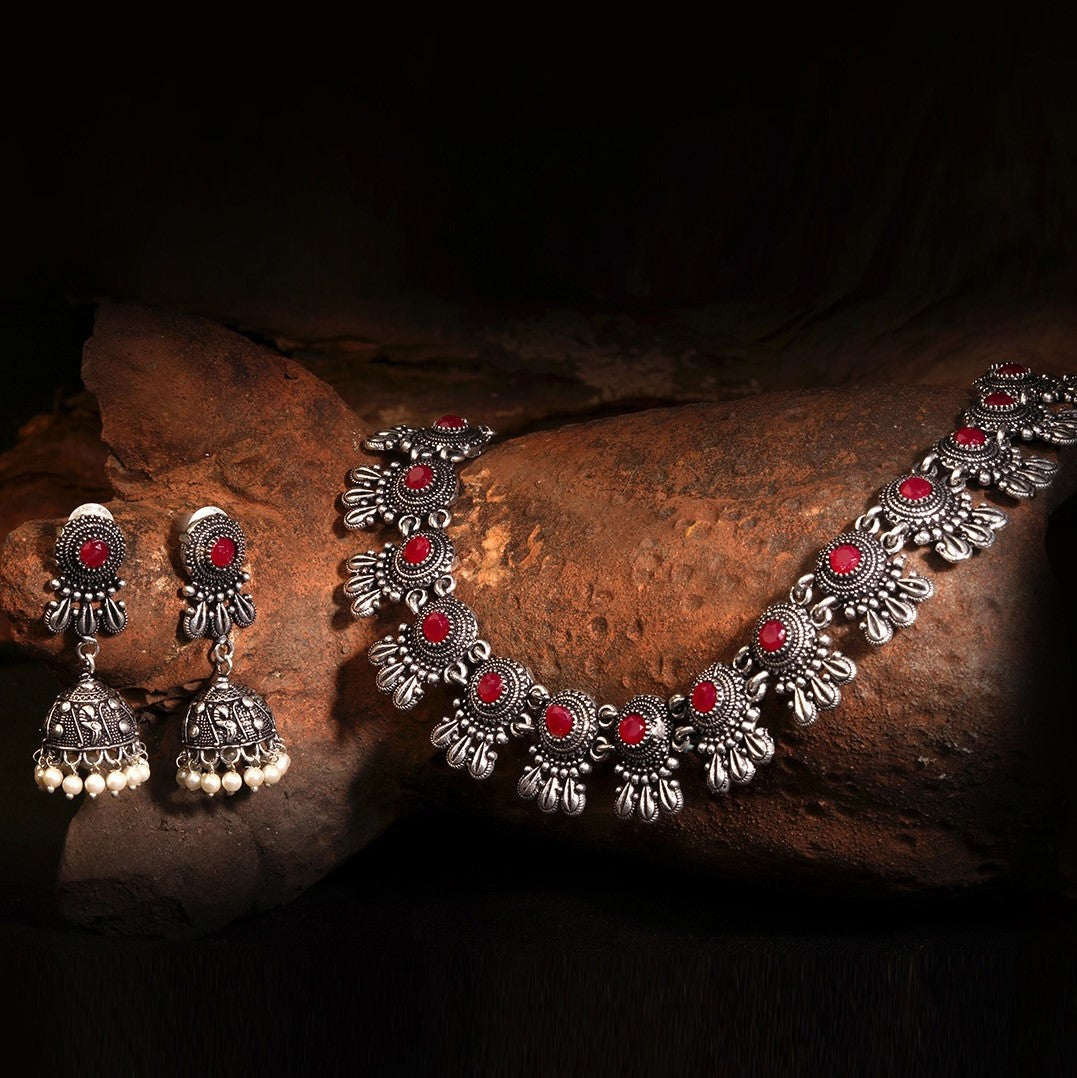 LAIDA Oxidised Silver-Plated Pink Stone-Studded Jewellery Set