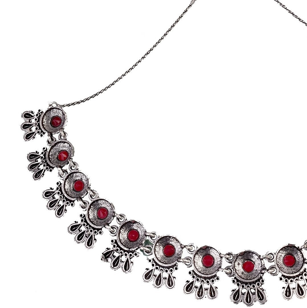 LAIDA Oxidised Silver-Plated Pink Stone-Studded Jewellery Set