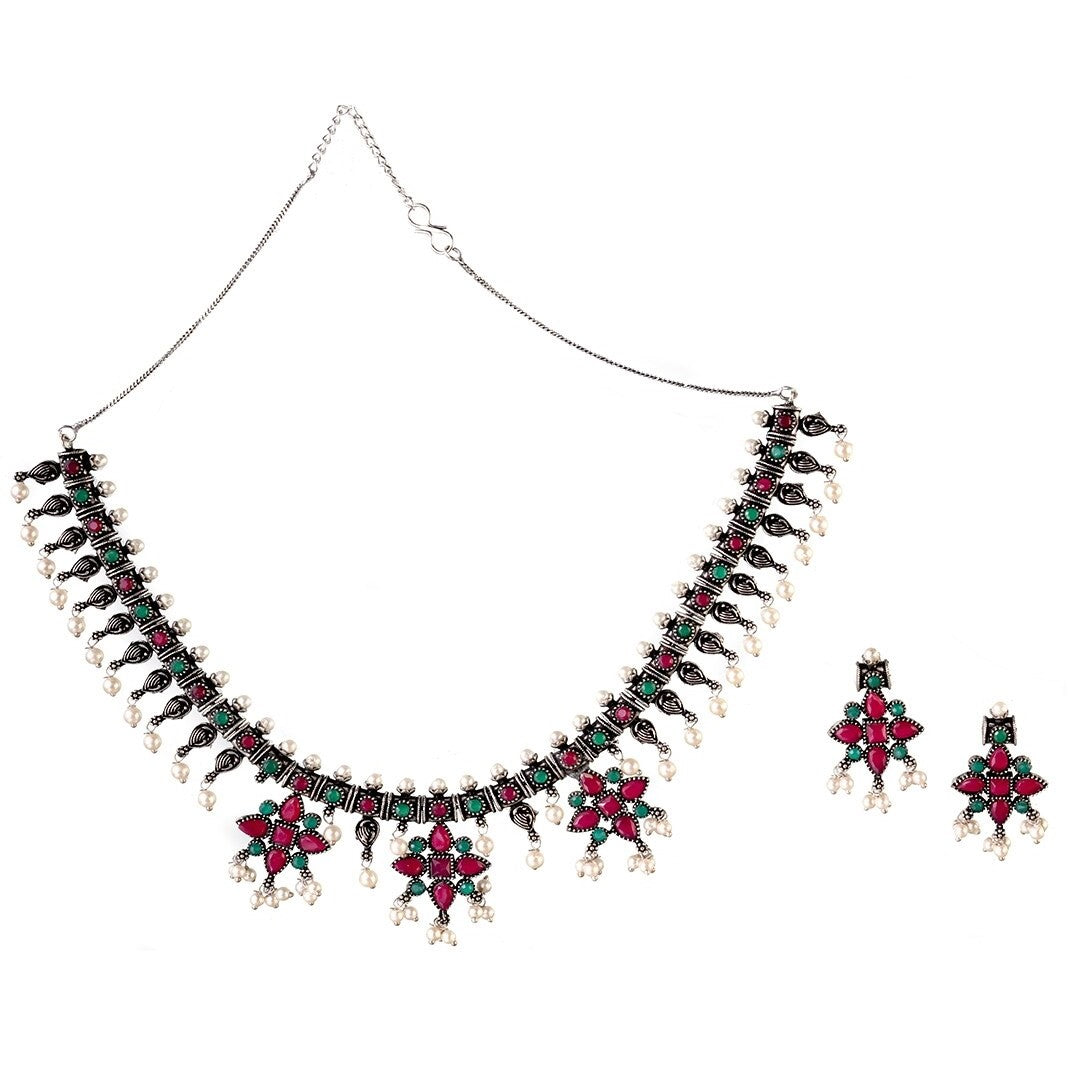 LAIDA Oxidised Silver-Plated Pink & Green Stone-Studded Beaded Jewellery Set