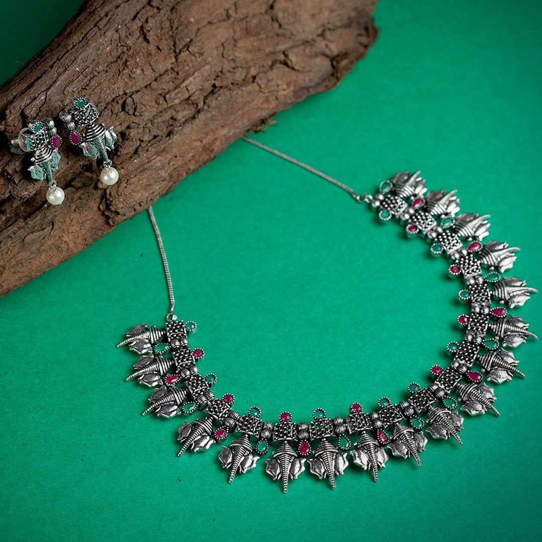 LAIDA Pink & Green Oxidised Silver Plated Stone-Studded Jewellery Set