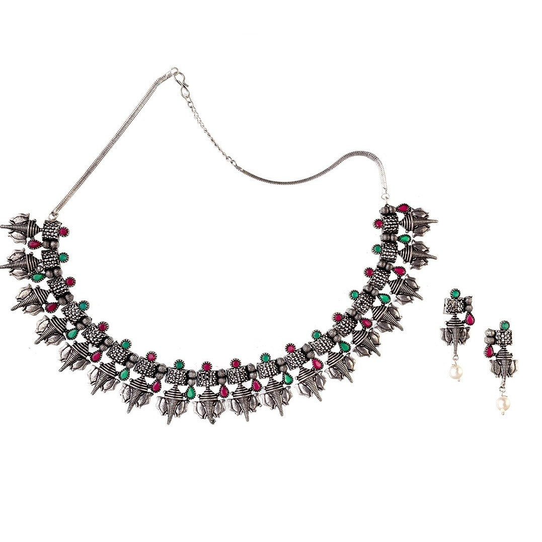 LAIDA Pink & Green Oxidised Silver Plated Stone-Studded Jewellery Set